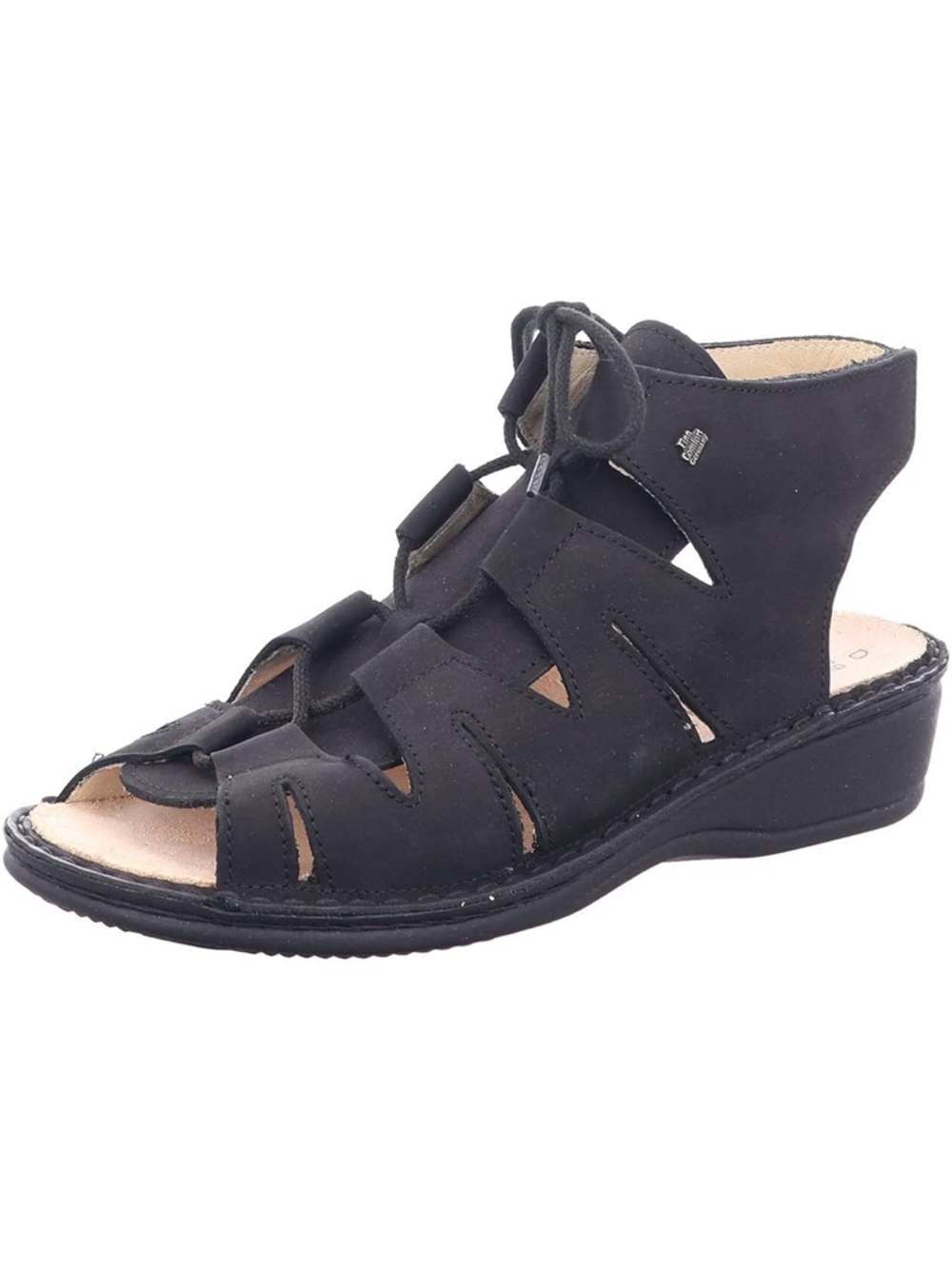 Finn Comfort Black Malaga Lace-Up Cutout Wedge Sandal